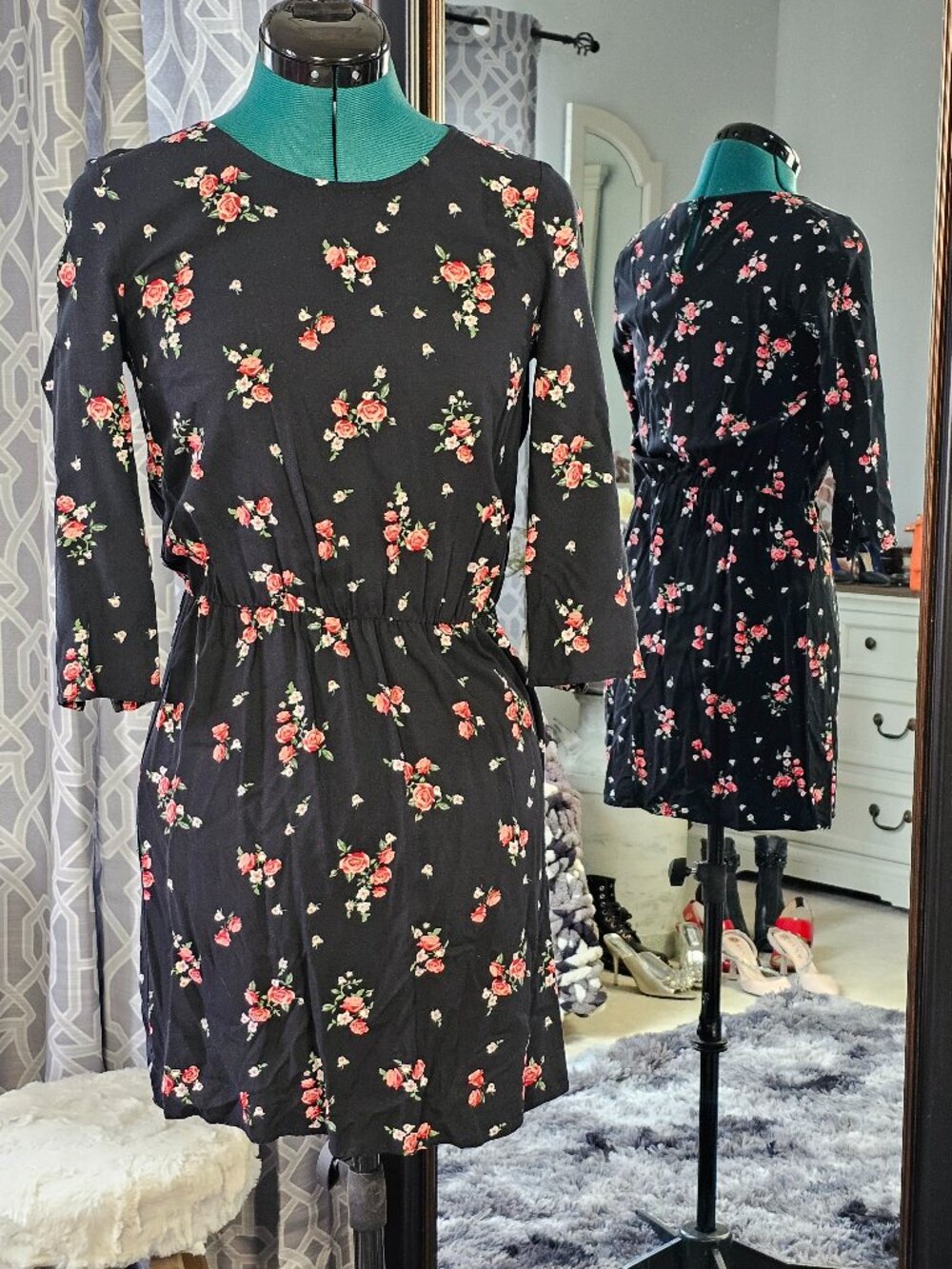 H&M Divided Black Rose Floral Mini Dress, Size 4